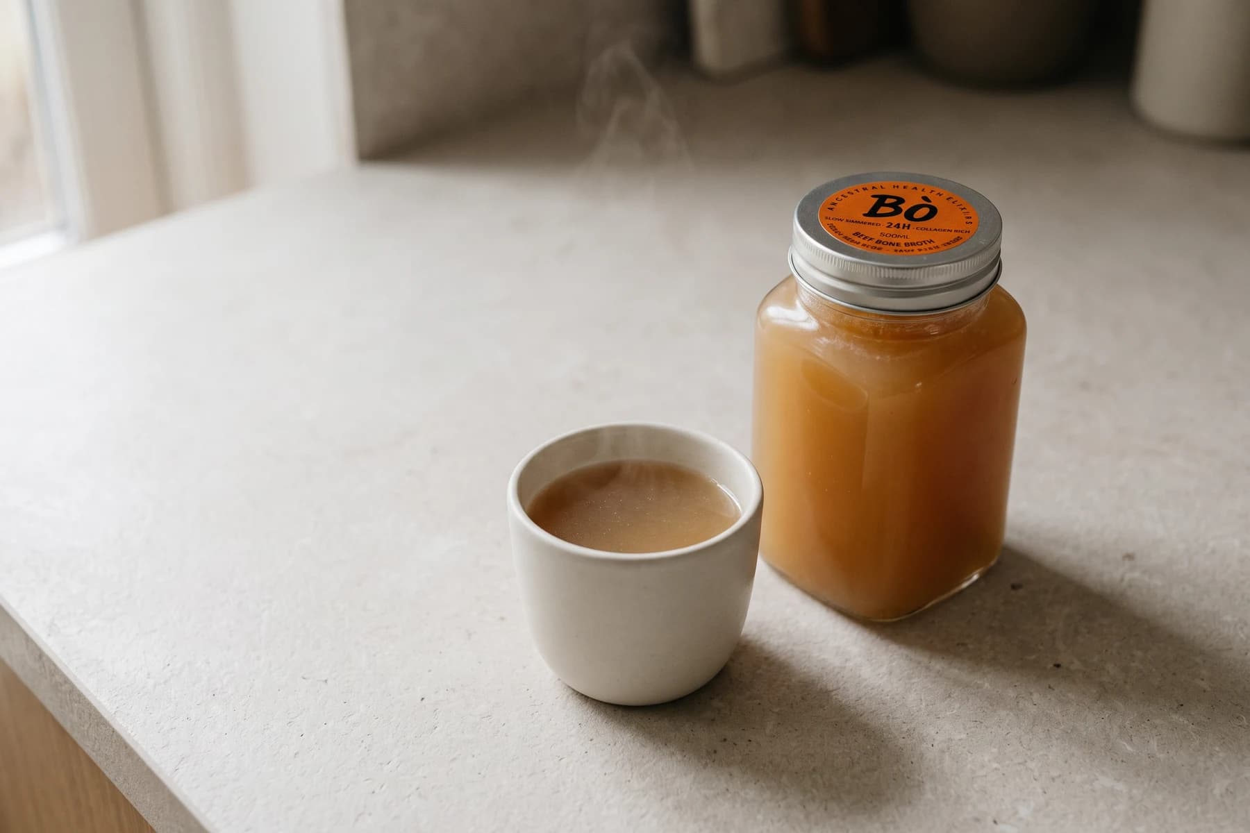 Bò beef marrow bone broth in a glass jar